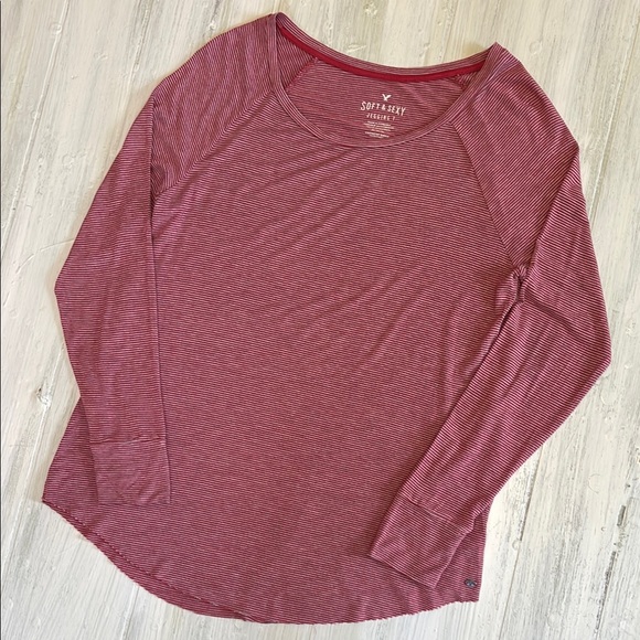 American Eagle Outfitters Red Striped Long Sleeve Soft & Sexy Jeggings T Size M - Picture 1 of 9